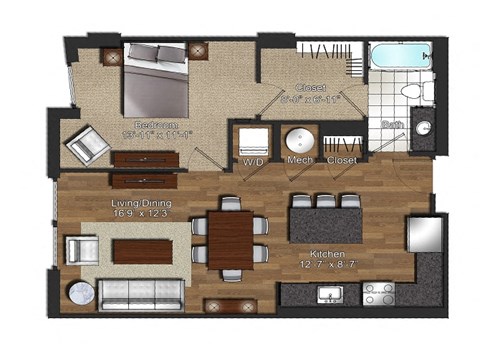 Floor plan for 1 bed, 1 bath, 726 sqft
